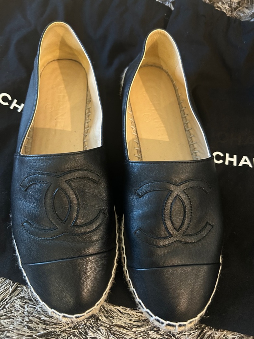 CHANEL Black Leather CC Espadrille Slip-Ons